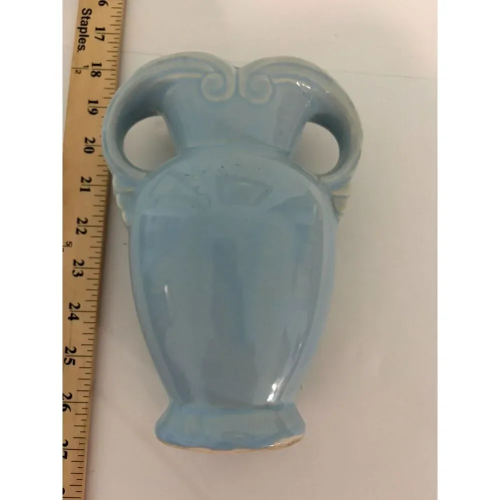 vtg. mid century blue handled pillow vase, art deco style